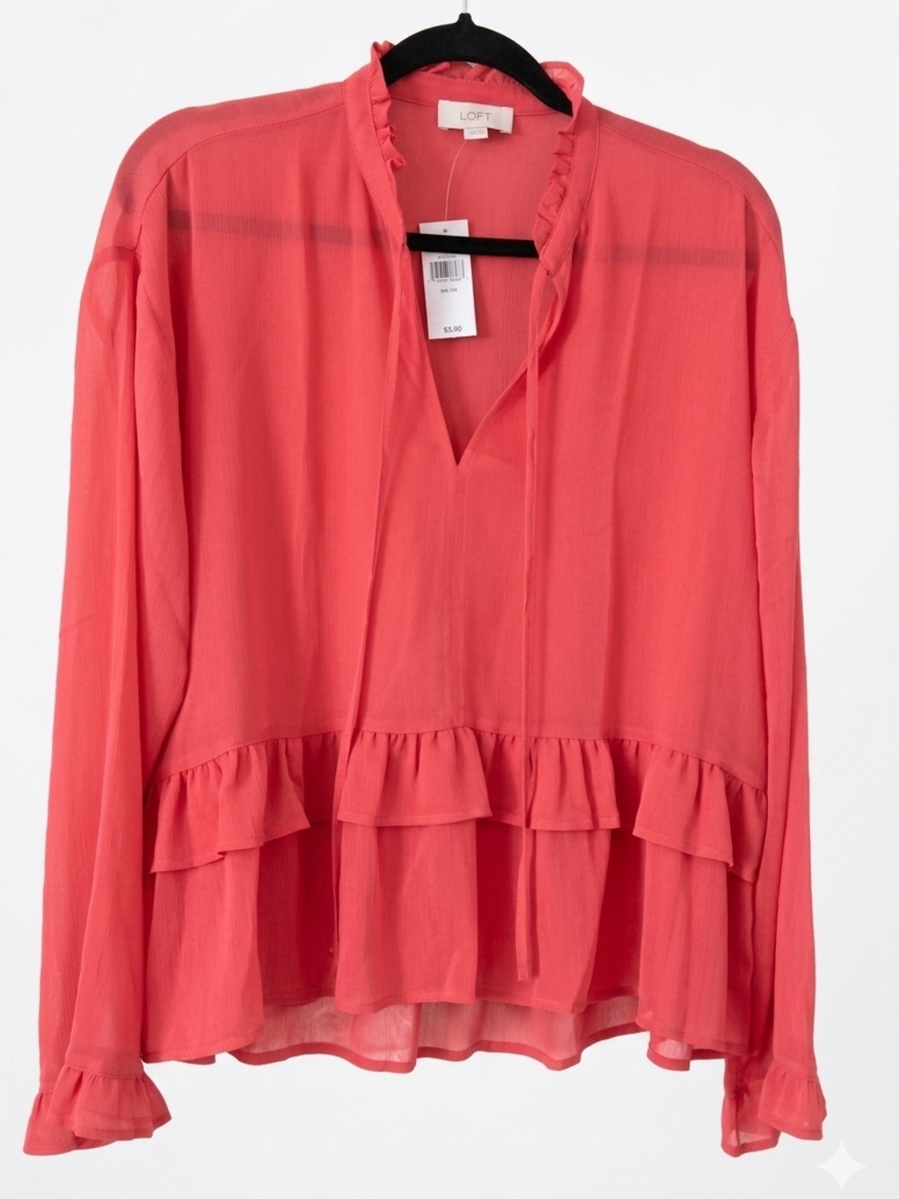 LOFT Coral Pink Ruffle Peplum Tie-Neck Blouse
